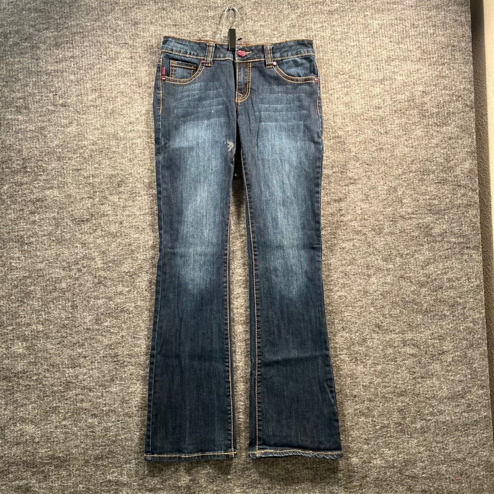 Rock Paper Sexy Womens Blue Bootcut Jeans Size 28 Embroidered Studded Low Rise